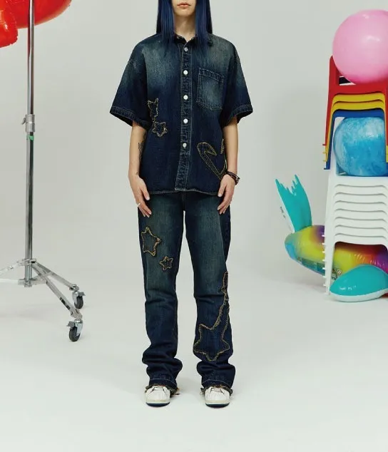 THE MUSEUM VISITOR  |[THE MUSEUM VISITOR]★STAR DAMAGED DENIM HALF SHIRTS