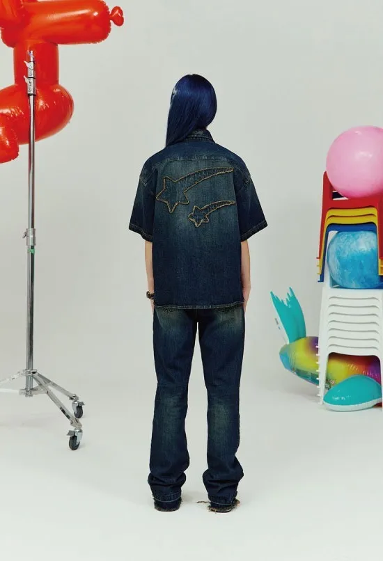 THE MUSEUM VISITOR  |[THE MUSEUM VISITOR]★STAR DAMAGED DENIM HALF SHIRTS