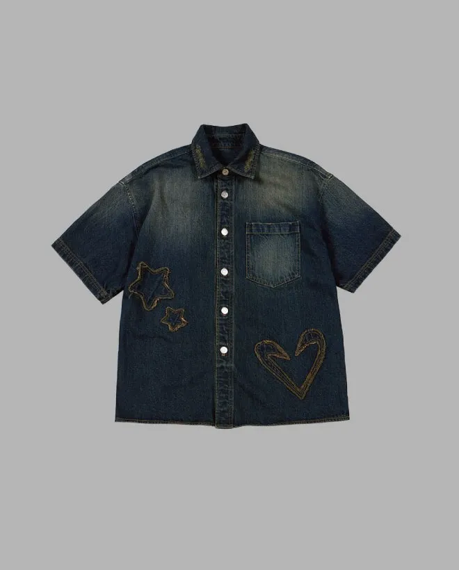 THE MUSEUM VISITOR  |[THE MUSEUM VISITOR]★STAR DAMAGED DENIM HALF SHIRTS