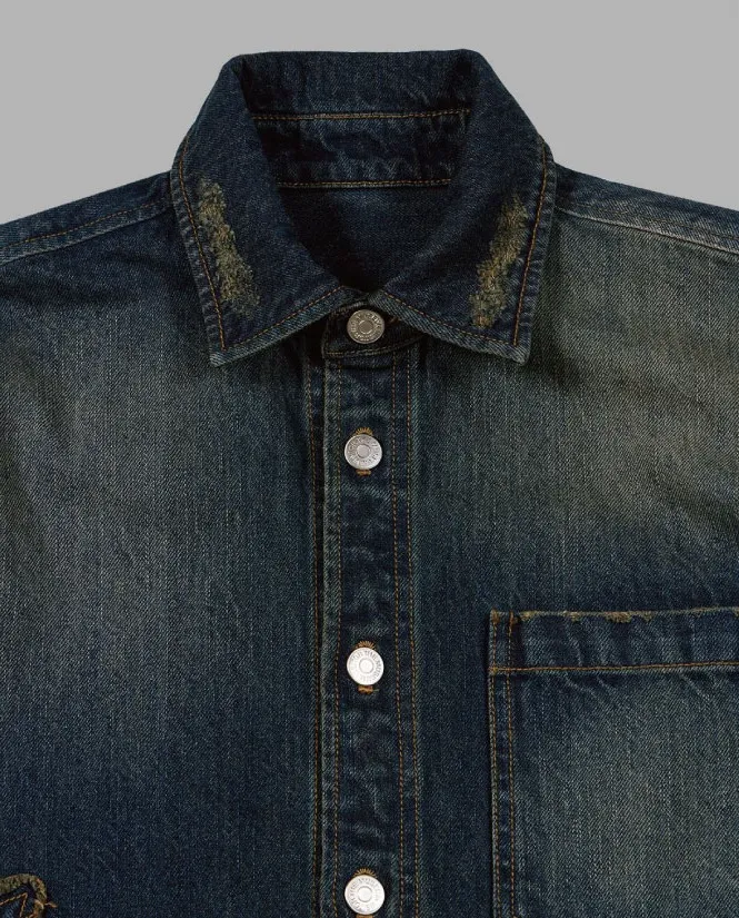 THE MUSEUM VISITOR  |[THE MUSEUM VISITOR]★STAR DAMAGED DENIM HALF SHIRTS