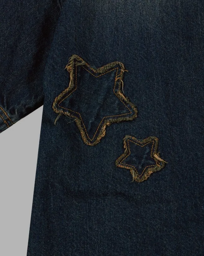 THE MUSEUM VISITOR  |[THE MUSEUM VISITOR]★STAR DAMAGED DENIM HALF SHIRTS