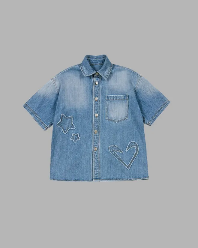 THE MUSEUM VISITOR  |[THE MUSEUM VISITOR]★STAR DAMAGED DENIM HALF SHIRTS