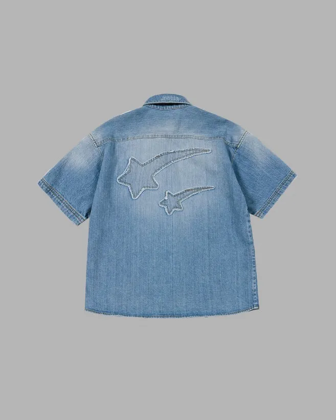 THE MUSEUM VISITOR  |[THE MUSEUM VISITOR]★STAR DAMAGED DENIM HALF SHIRTS