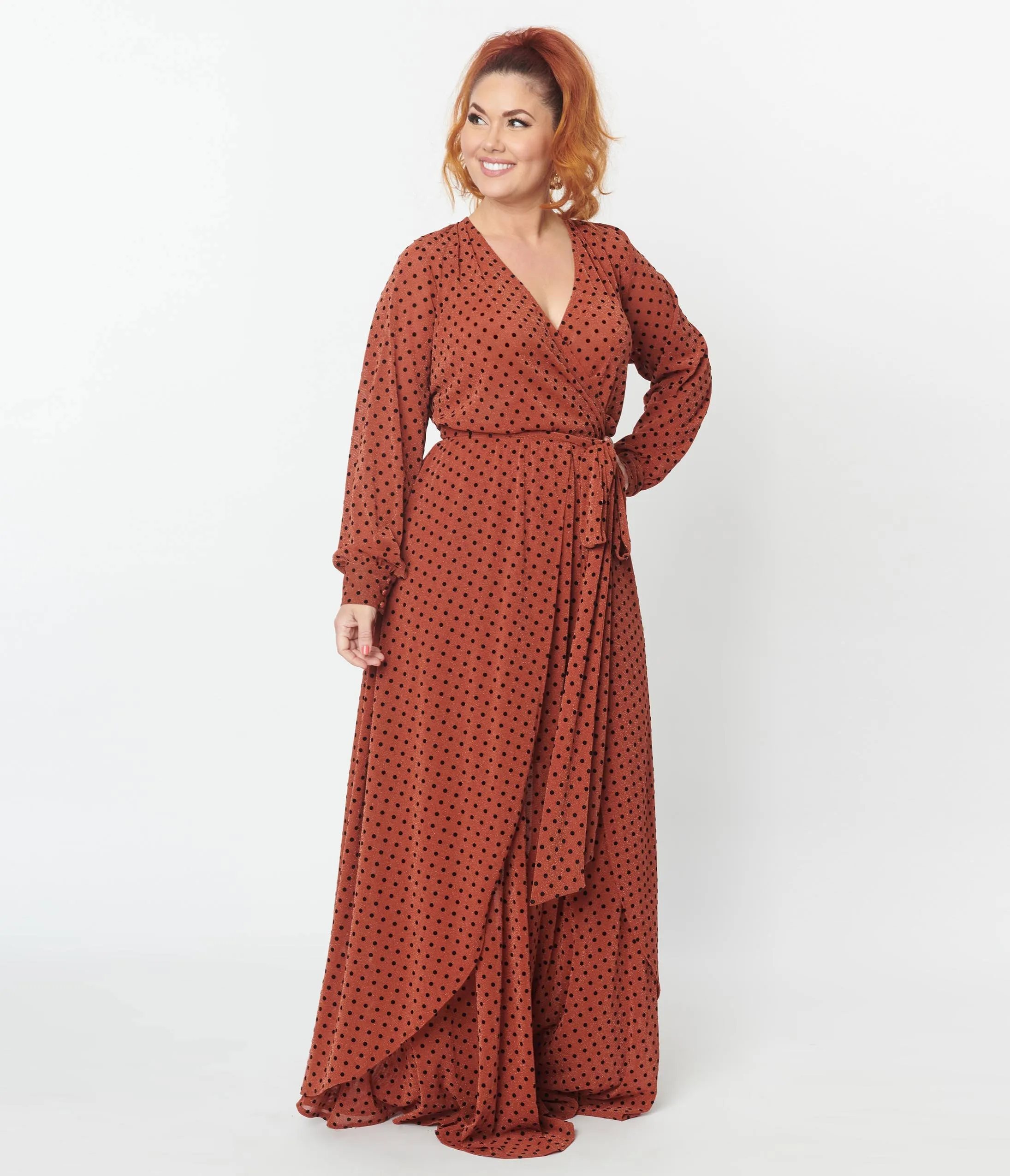 Unique Vintage 1970s Rust & Black Polka Dot Farrah Maxi Dress