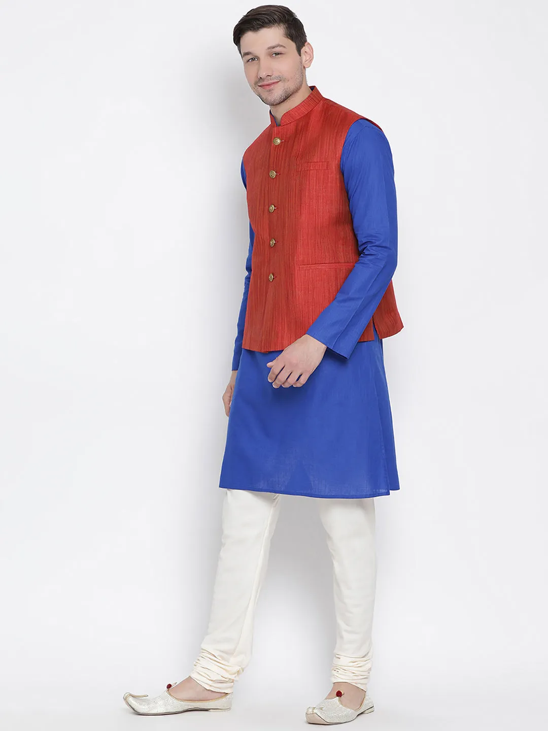 VASTRAMAY Men's Blue Cotton Blend Kurta, Ethnic Jacket and Pyjama Set