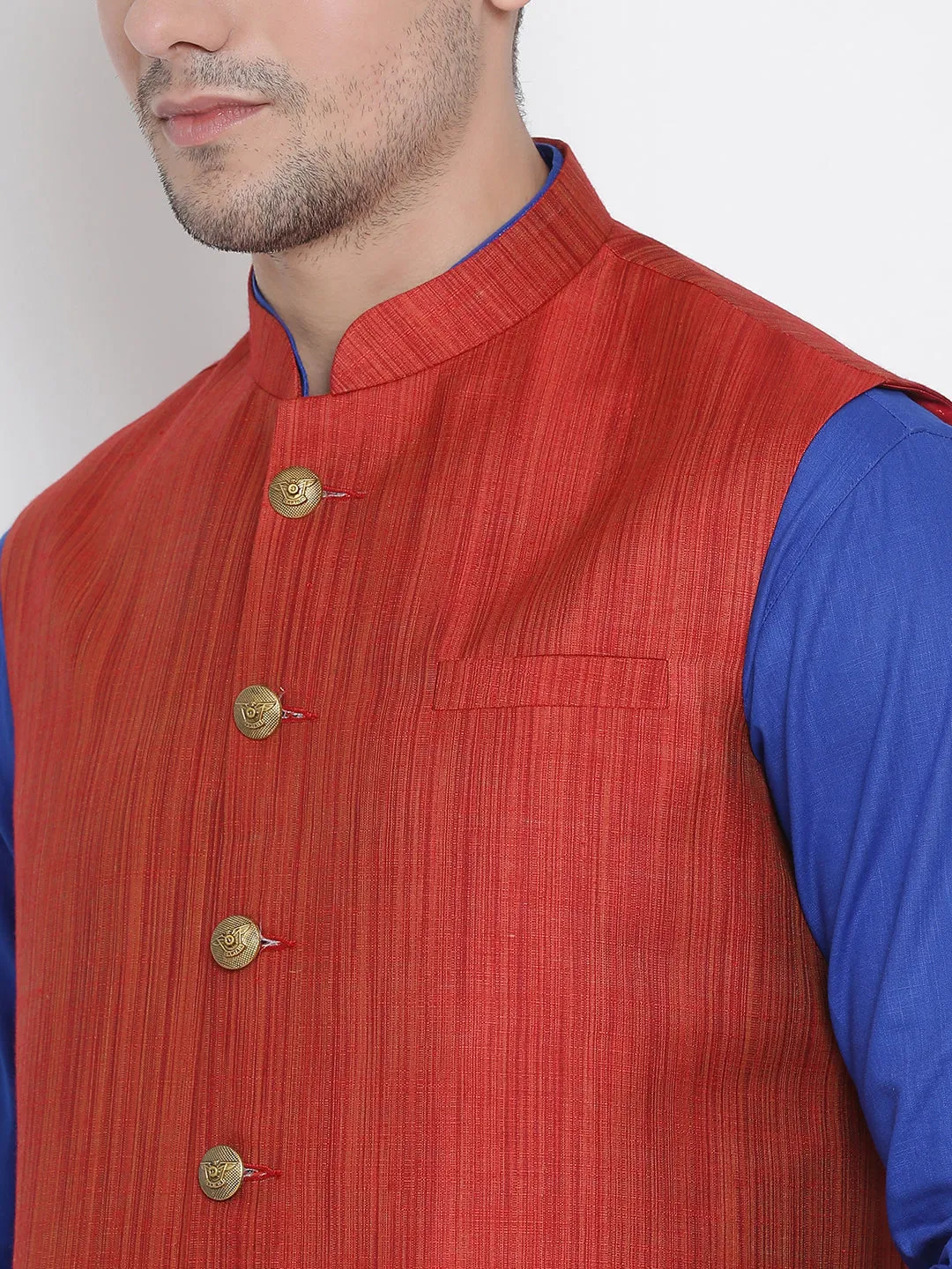 VASTRAMAY Men's Blue Cotton Blend Kurta, Ethnic Jacket and Pyjama Set