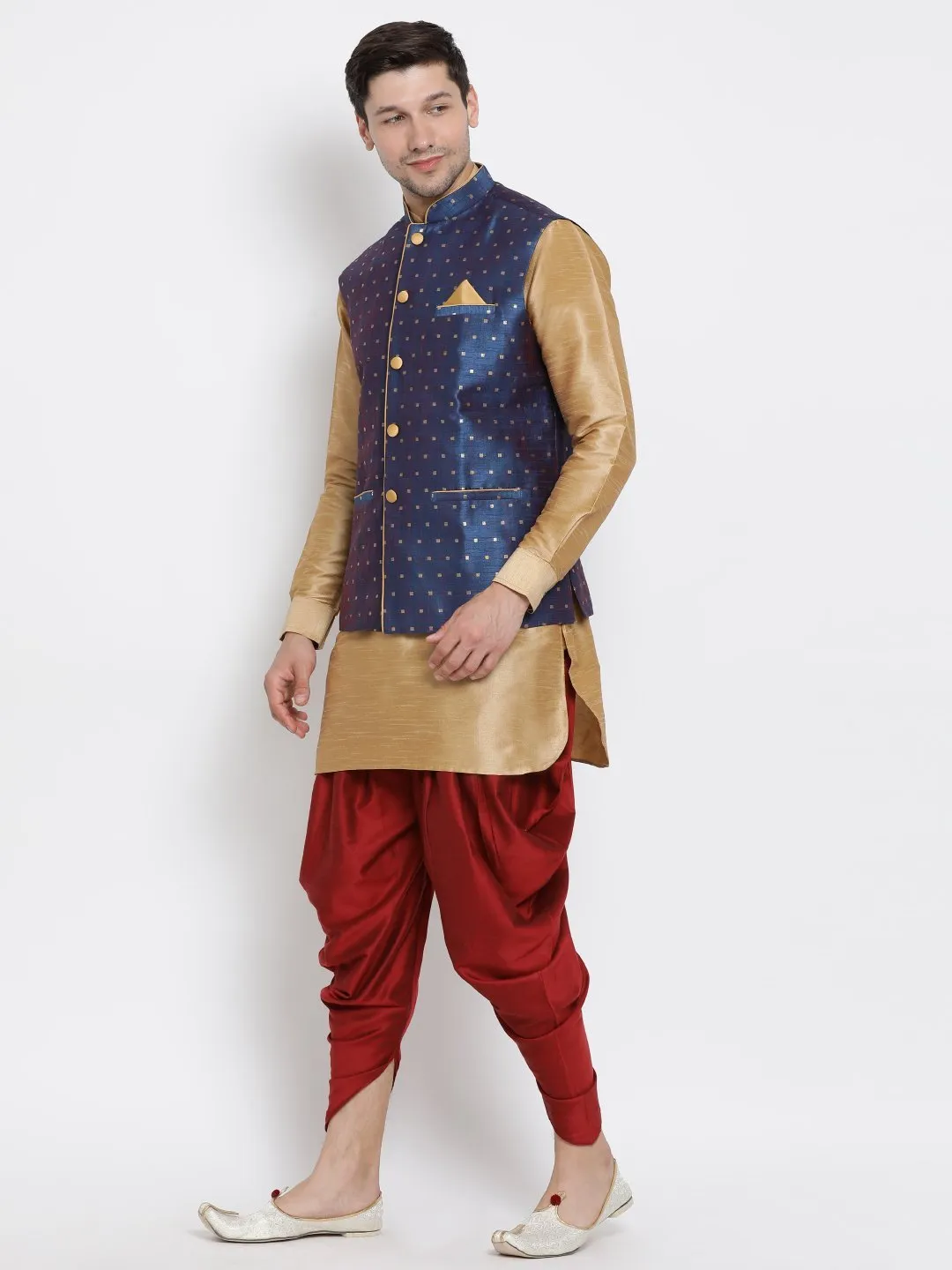 VASTRAMAY Men's Blue Zari Weaved Jacket With Kurta Dhoti Set