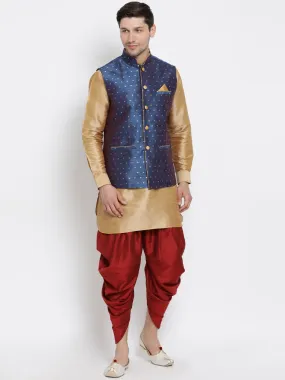 VASTRAMAY Men's Blue Zari Weaved Jacket With Kurta Dhoti Set