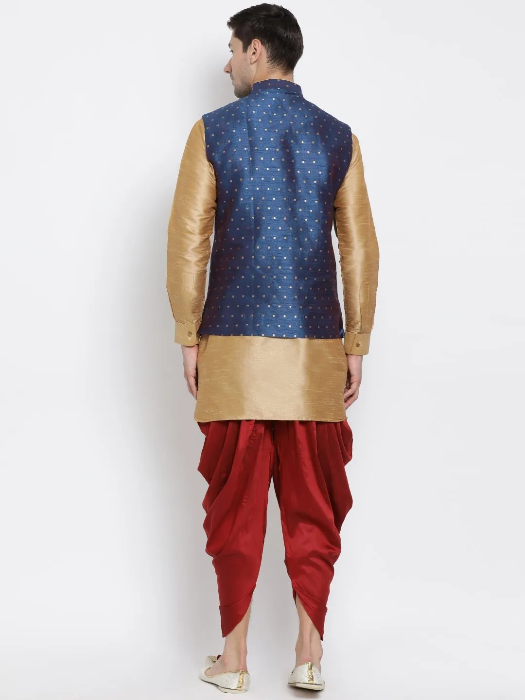 VASTRAMAY Men's Blue Zari Weaved Jacket With Kurta Dhoti Set