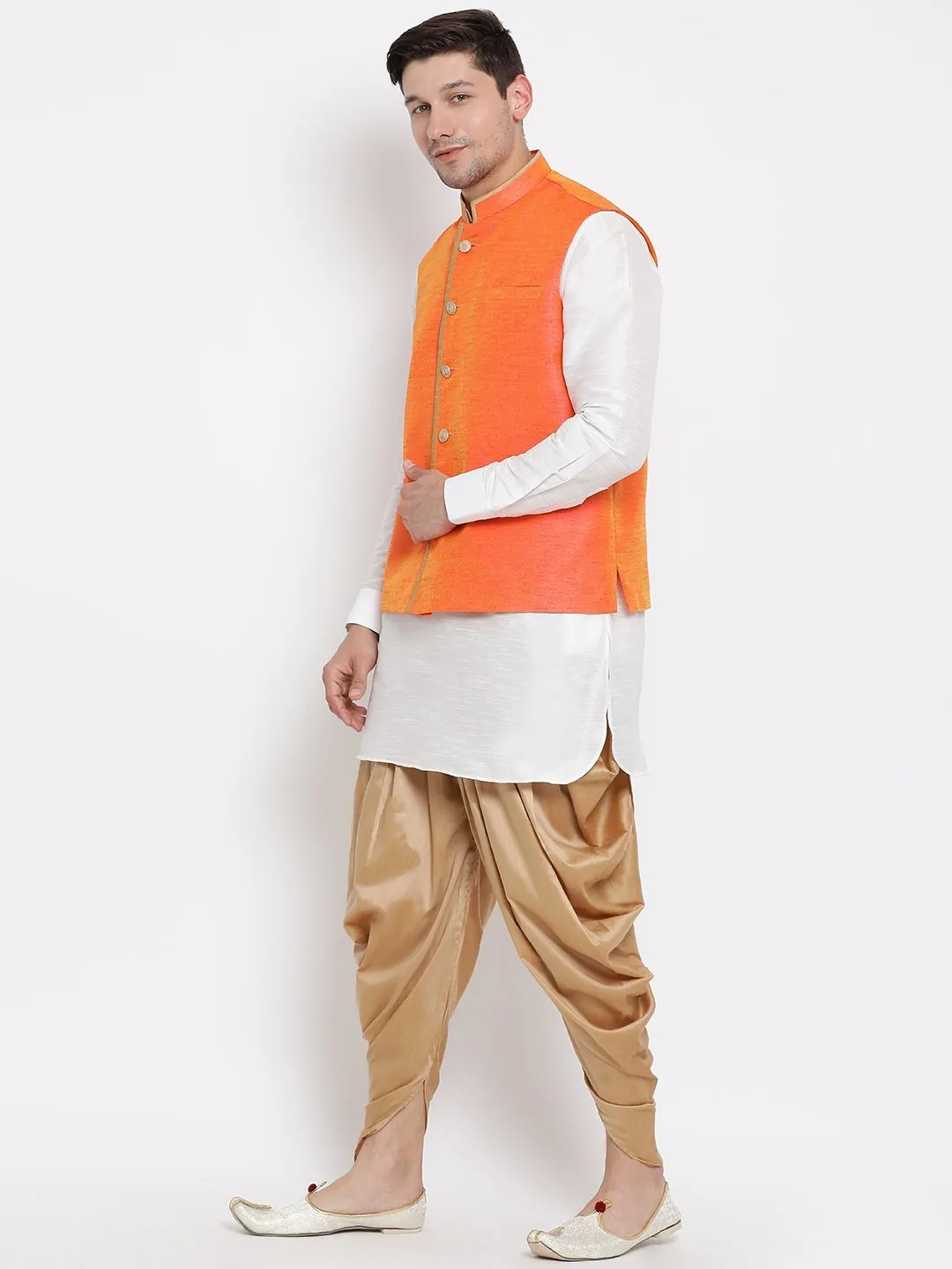 VASTRAMAY Men's White Cotton Silk Blend Ethnic Jacket, Kurta and Dhoti Pant Set