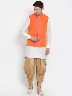 VASTRAMAY Men's White Cotton Silk Blend Ethnic Jacket, Kurta and Dhoti Pant Set