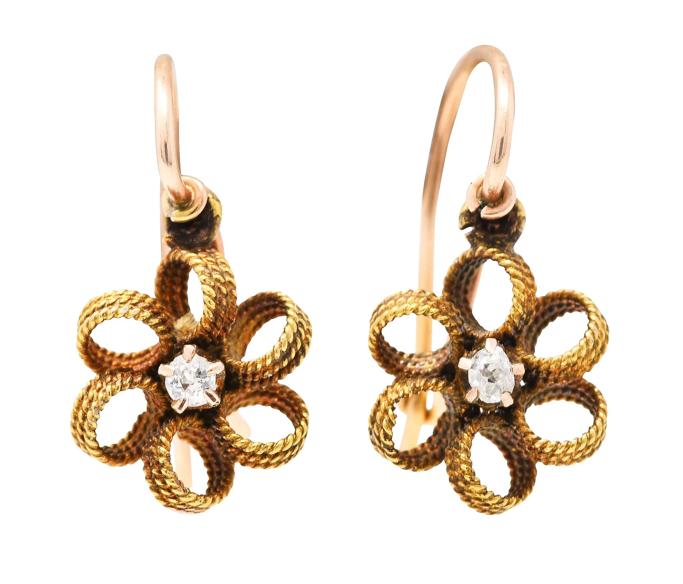 Victorian Diamond 18 Karat Gold Flower Drop Earrings