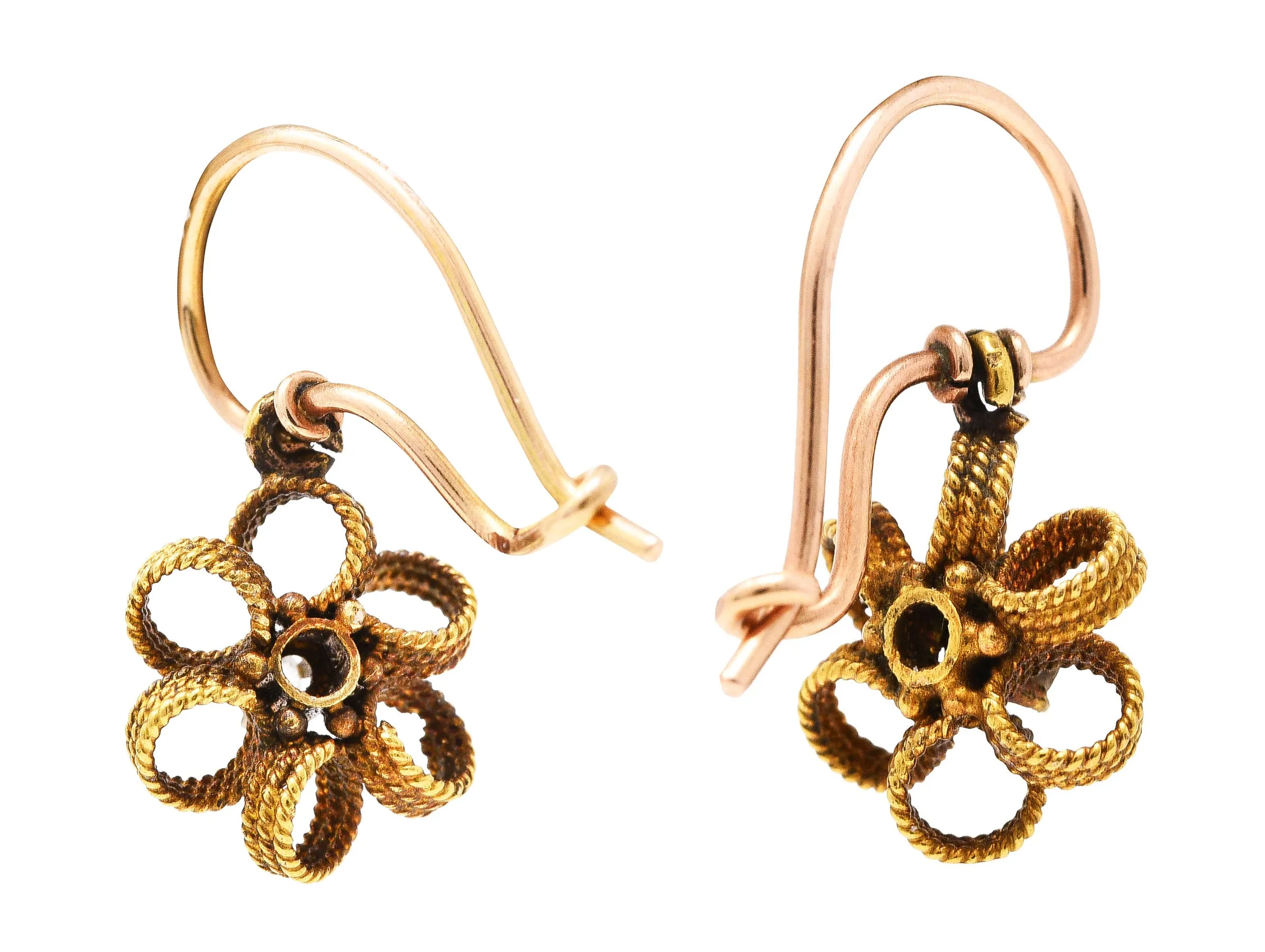 Victorian Diamond 18 Karat Gold Flower Drop Earrings