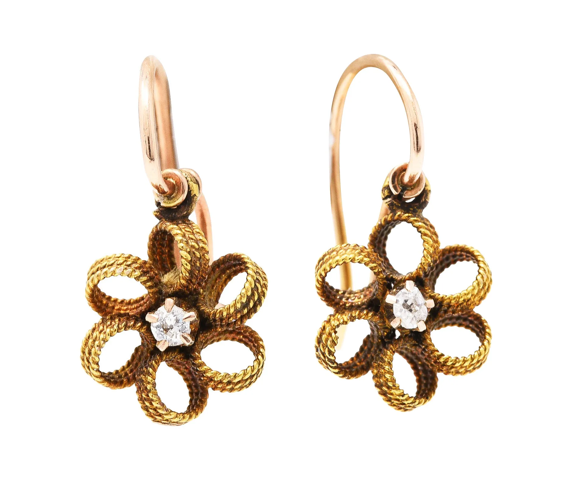 Victorian Diamond 18 Karat Gold Flower Drop Earrings