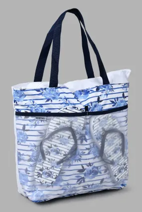 White And Navy Printed Beach Bag With Flip Flop (2 Piece)