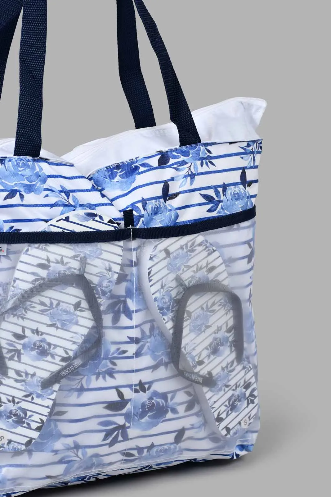 White And Navy Printed Beach Bag With Flip Flop (2 Piece)