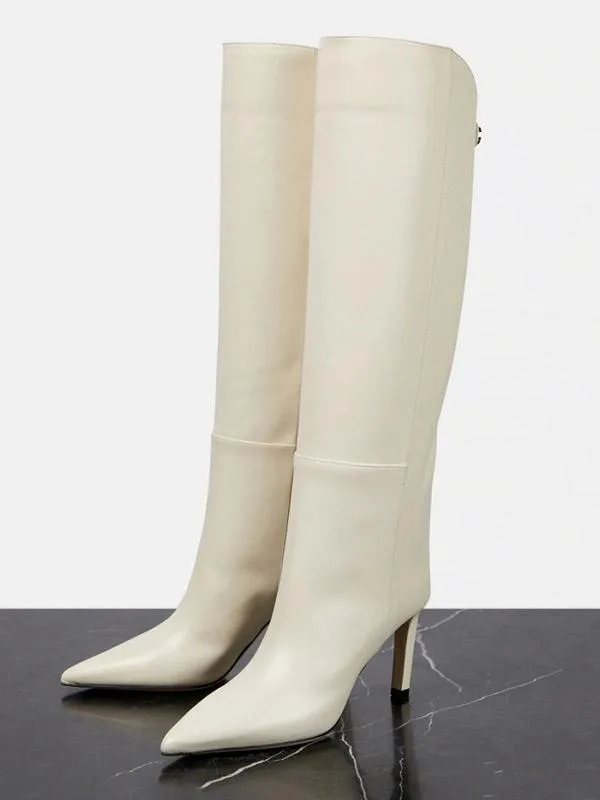 White Knee High Boots Pointed Toe High Heel Wide Calf Boots