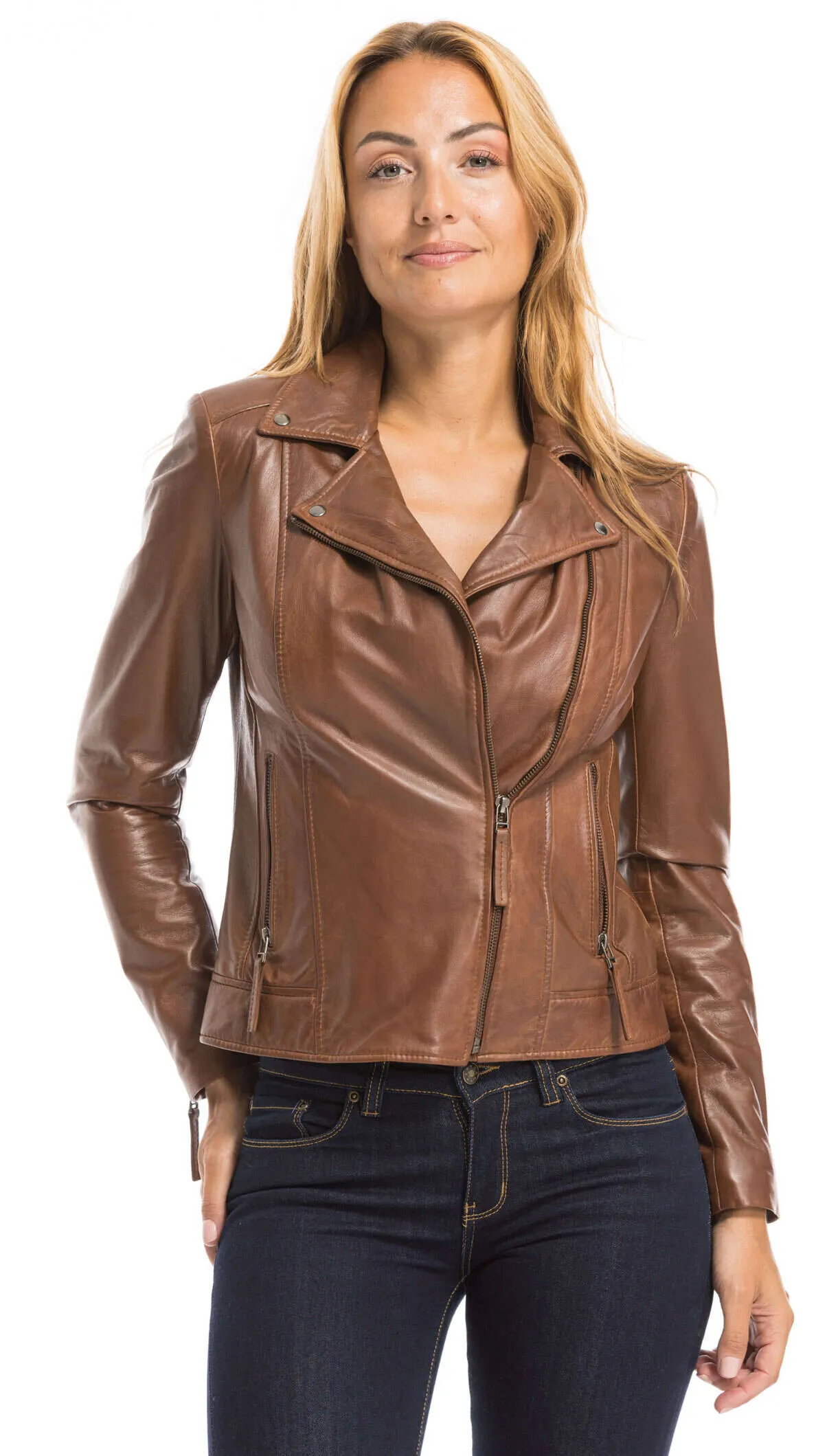 Women's cognac leather jacket biker style bella