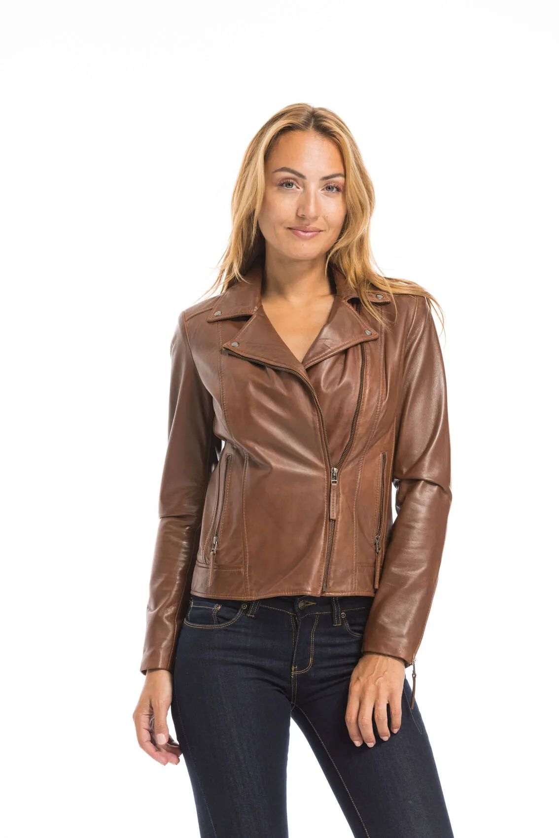 Women's cognac leather jacket biker style bella