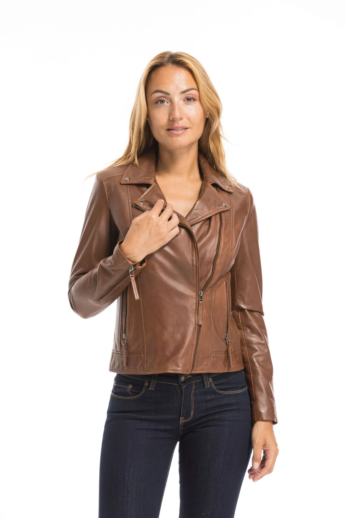 Women's cognac leather jacket biker style bella