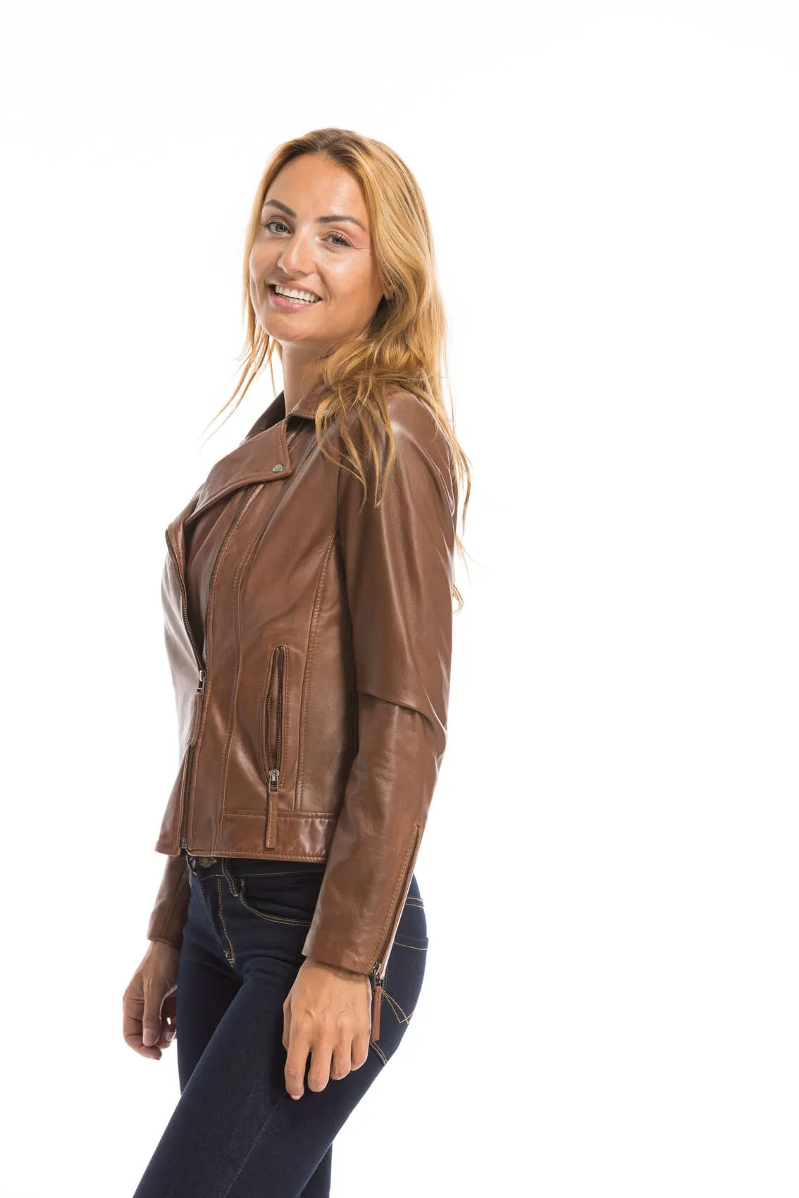 Women's cognac leather jacket biker style bella