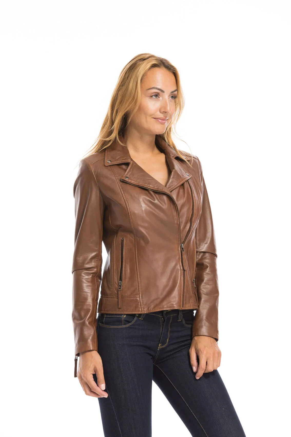 Women's cognac leather jacket biker style bella