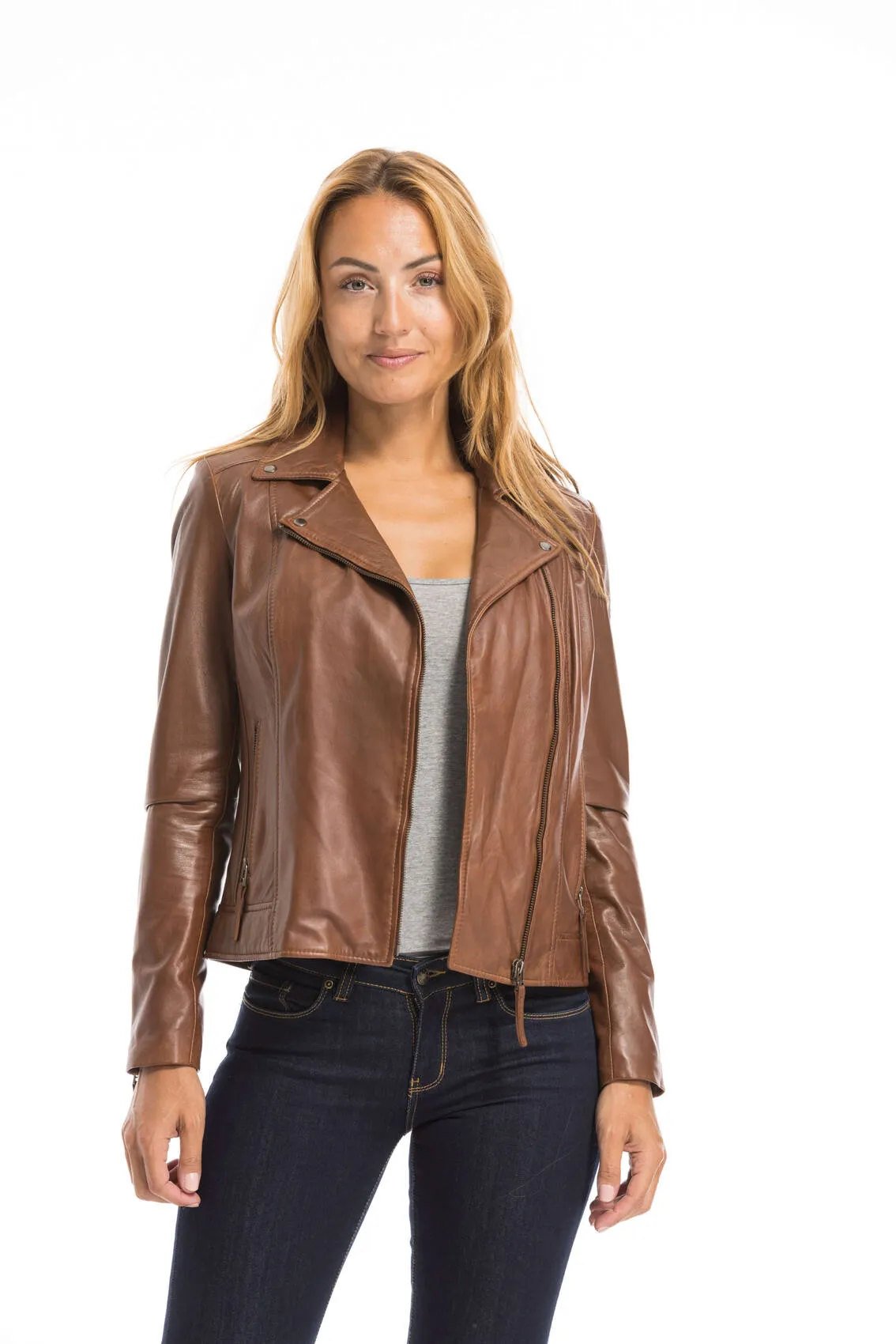 Women's cognac leather jacket biker style bella