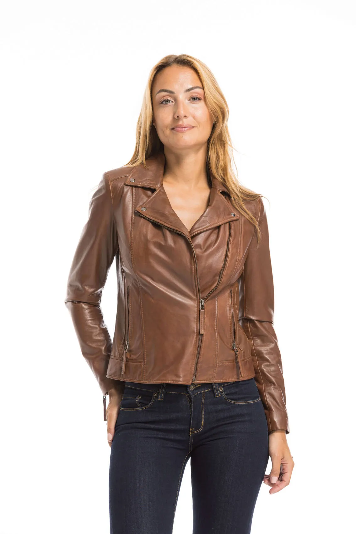 Women's cognac leather jacket biker style bella