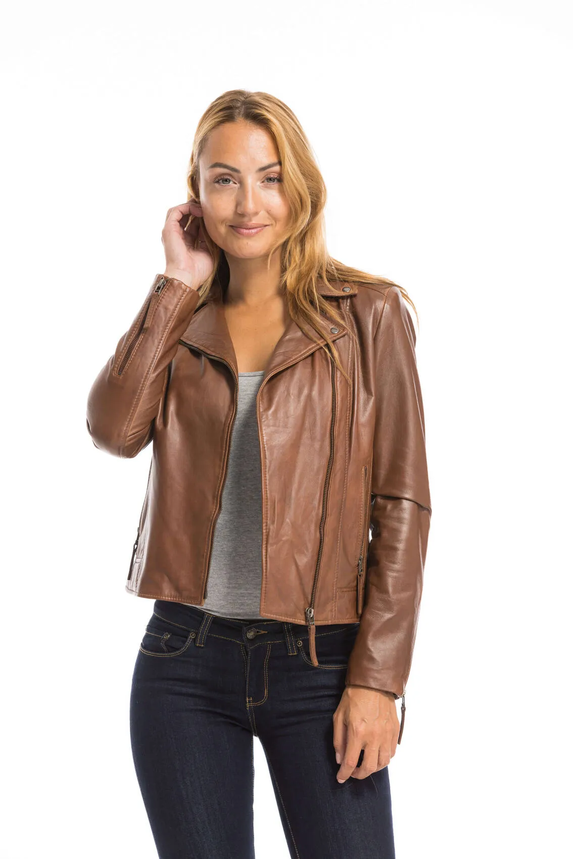 Women's cognac leather jacket biker style bella