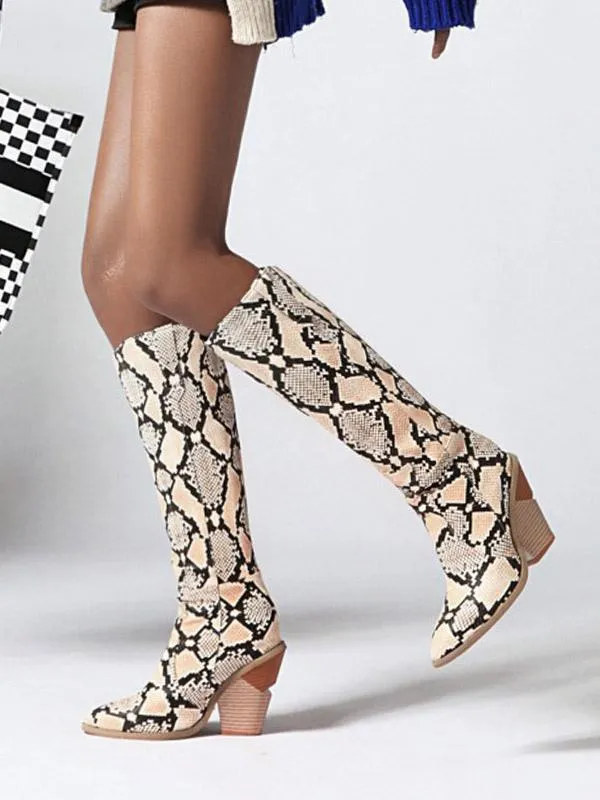 Women's Knee High Boots Snake Print Special-Shaped Western Boots