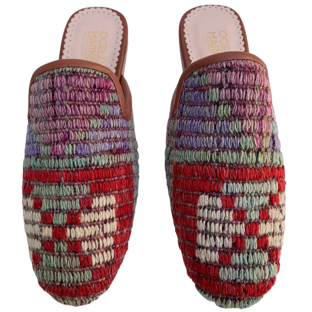 Women's Turkish Kilim Mules | Red with Pattern