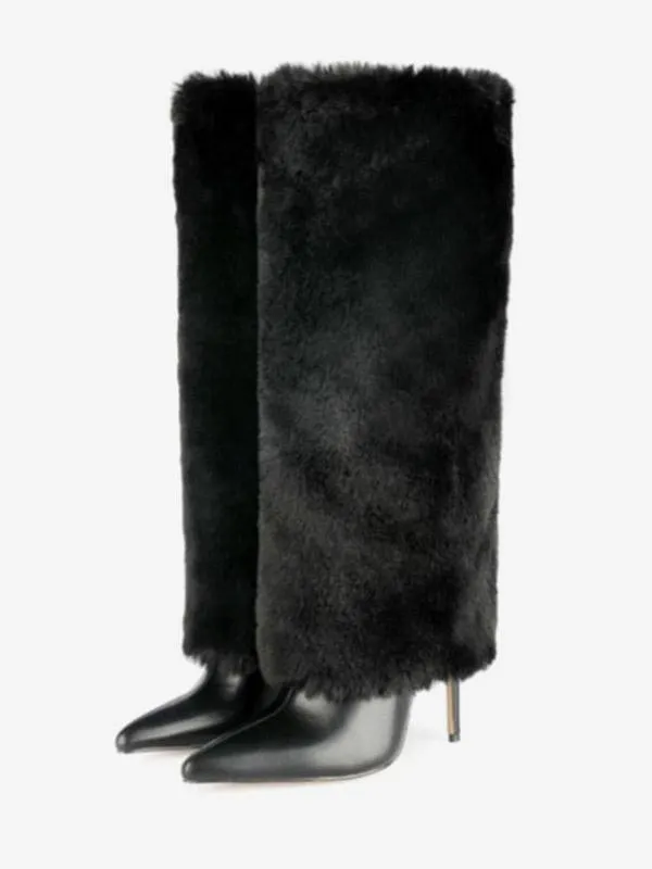 Women's White Boots Fuzzy Stiletto Heel Knee High Boots