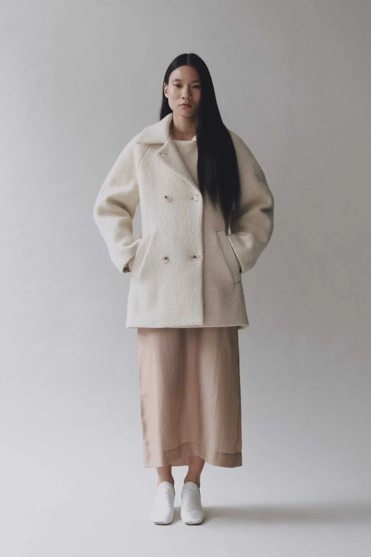 Wool & Alpaca Blend Boucle Coat - Cream